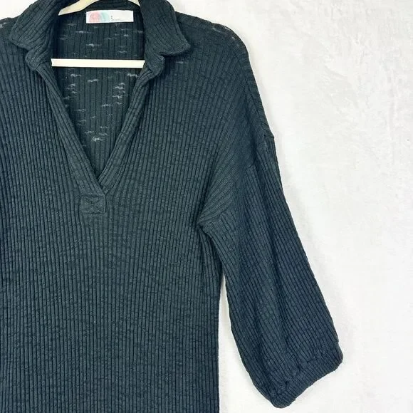 Free People Beach Pacific Maxi Dress Size Large Black V-Neck Collared Ribbed - Picture 4 of 7